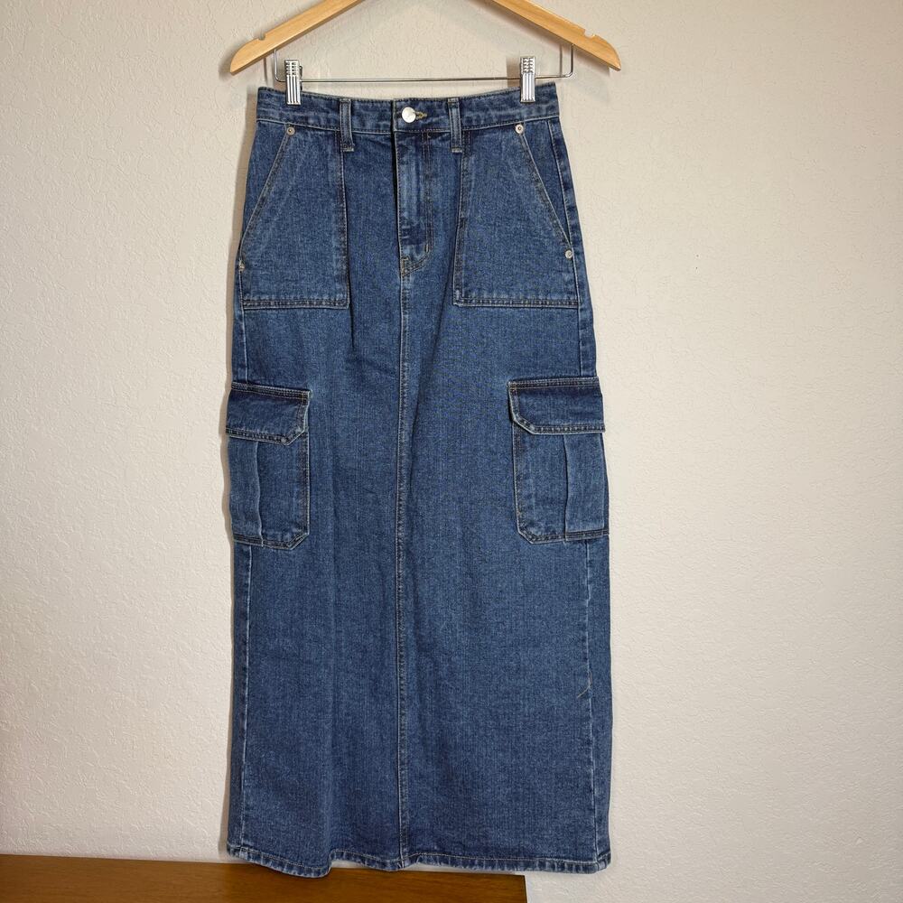 Women's Varial‎ Seoul Denim Blue Jean Midi Cargo Skirt Size Small Size 6